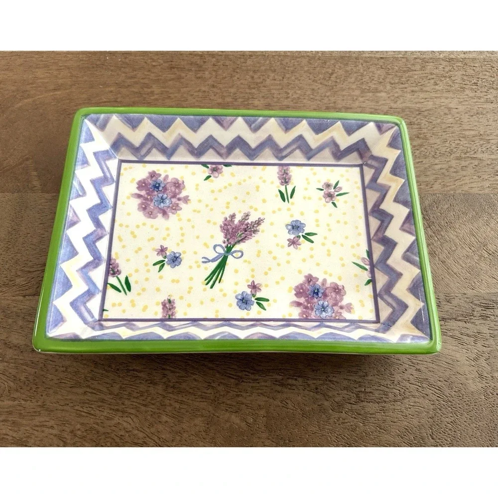 MacKenzie-Childs Trinket Tray Lavender Floral Zig Zag Ceramic Vanity Catchall